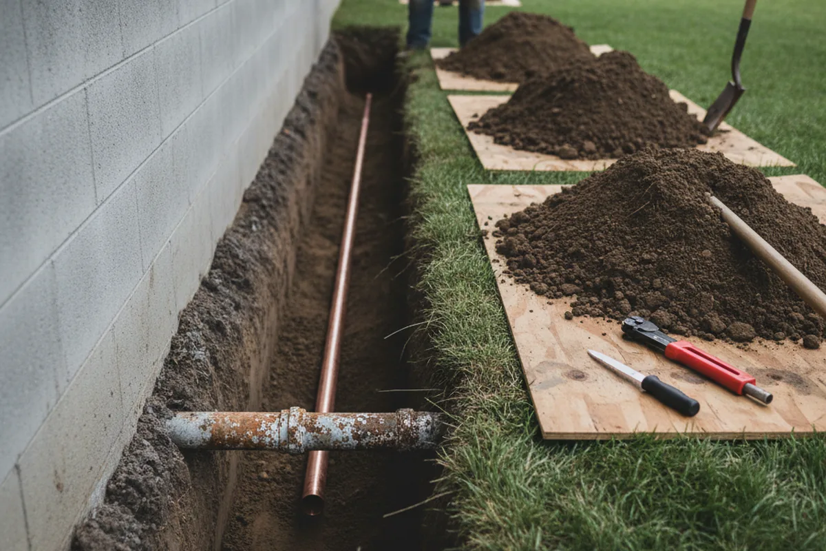 Excavated water line trench during Water Softener Installation in Cedarpines Park